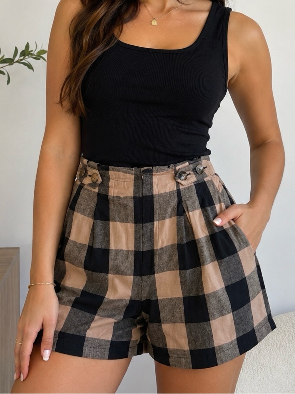 Who What Wear Black & Tan Checked High-Waist Shorts - Picture 1 of 8